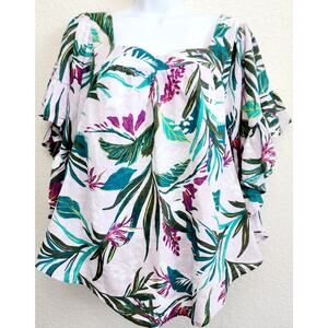 Terra & Sky Green Fuchsia Floral Print Top 14W Plus Lightweight Ruffled Sleeves